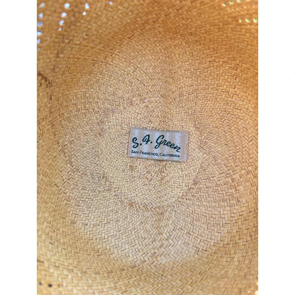Open Crown Cowboy Hat Vintage SF Green Straw Natural Tan Woven Lightweight